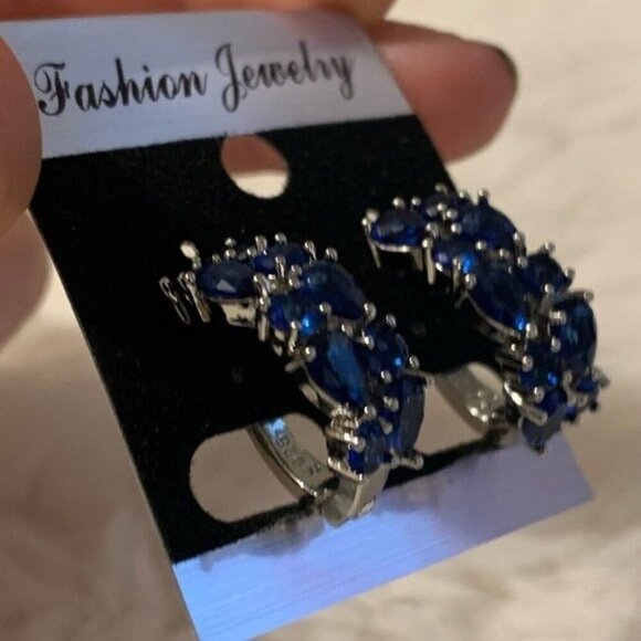 14k White Gold Plated Blue Diamond Hoop Earrings - Picture 3 of 5